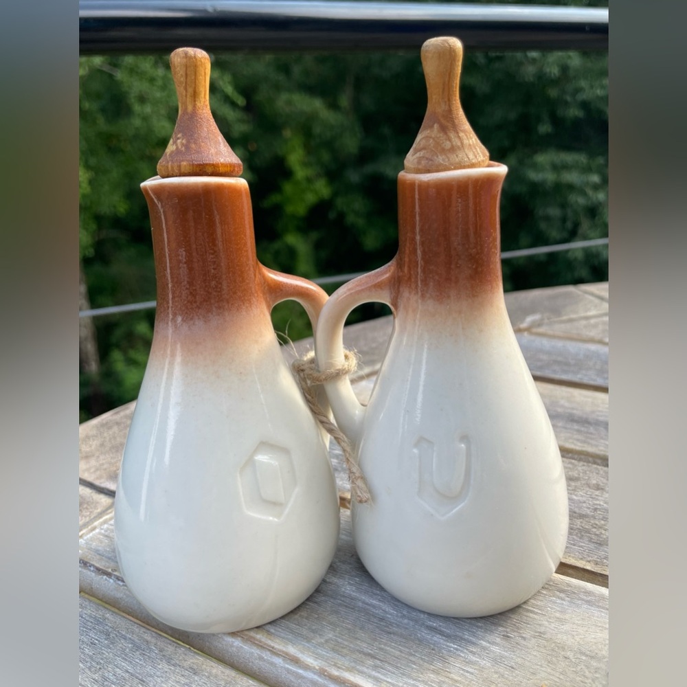 Vintage Mid Century Modern Ceramic OIL & VINEGAR Bottle Set/embossed/